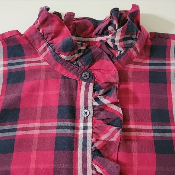 Chaps Women's Red Black Plaid Button-Down Ruffle Long Sleeve Shirt - Picture 10 of 16